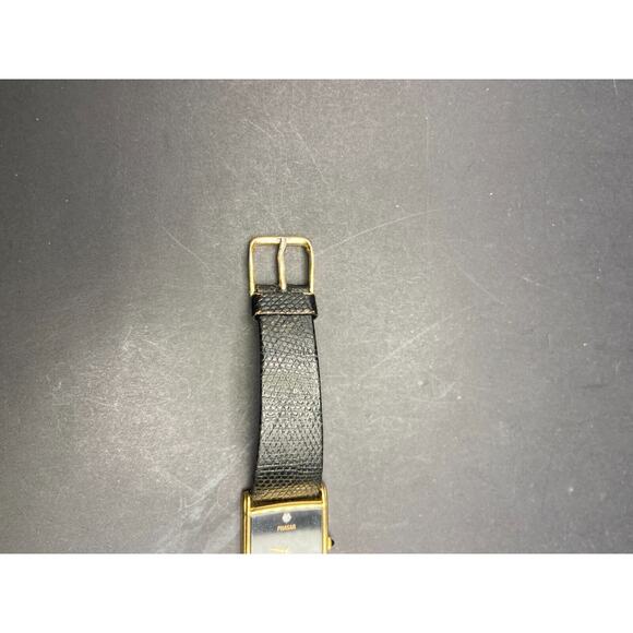 Phasar Gold Tone Rectangle Black Dial Quartz Watch Y100-5470 Black Leather Band - Picture 2 of 8